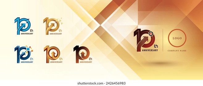 Set of 10th Anniversary logo design, Ten years Celebrate Anniversary Logo multiple line for celebration event, Abstract Circle Arrow, Growth to Success Concept, Curved Arrow Right to Target, Logo 10.