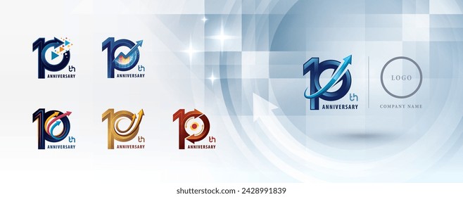 Conjunto de diseño de logotipo del 10º aniversario, Logotipo de 10 años de aniversario múltiples líneas para evento de celebración, Abstracto Logo 10 Flecha de círculo, Concepto de crecimiento gráfico al éxito, Flecha curvada hacia arriba de derecha a arriba,