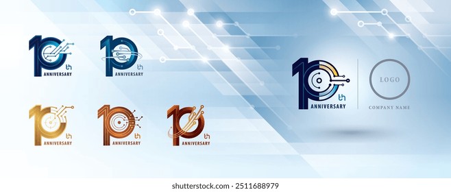 Conjunto de diseño de logotipo del décimo aniversario, diez años celebran el logotipo del aniversario para la celebración, líneas conectadas Abstractas y Tablero de circuitos de puntos, conexión de red global, tecnología digital, logotipo 10.