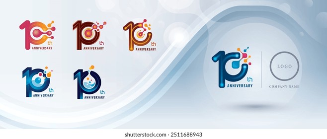 Conjunto do logotipo do 10o aniversário, dez anos comemorar o logotipo do aniversário para a celebração, estrutura de Molécula abstrata Conectado. Laboratório de Ciência da Química e Biotecnologia, Partícula molecular Atom, Logotipo 10.