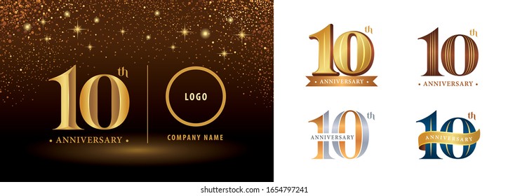 Set of 10th Anniversary logotype design, Ten years Celebrating Anniversary Logo silver and golden, Vintage and Retro Serif Number Letters, Elegant Classic Logo for Congratulation celebration event