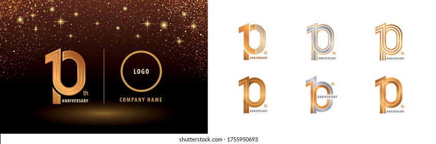 Set of 10th Anniversary logotype design, Ten years anniversary celebration. Infinity Logo silver and golden for celebration event, invitation, greeting, web template, flyer and booklet