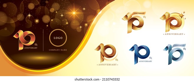 Set Of 10th Anniversary Logotype Design, Ten Years Anniversary Celebration Logo. Twist Infinity Multiple Line Golden For Celebration Event, Invitation, Greeting, 10 Year Infinity Loop Logo,