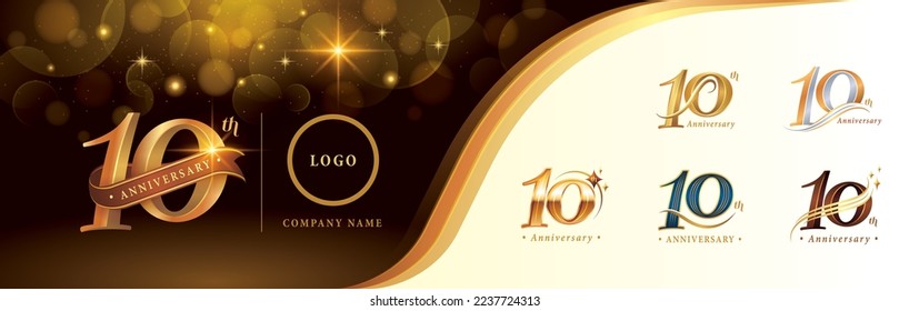 Set of 10th Anniversary logotype design, Ten years Celebrating Anniversary Logo, Golden Luxury and Retro Serif Number 10 Letters, Elegant Classic Logo for Congratulation celebration event, greeting.