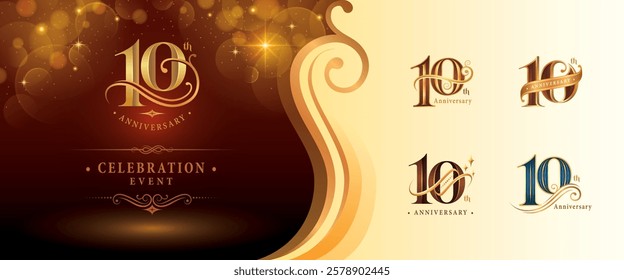 Set of 10th Anniversary logotype design, Ten years Anniversary Logo, Elegant Classic Logo, Luxury Vintage and retro Serif Number 10, Celebrating Anniversary Logo for Congratulation event, invitation