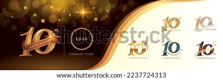 Set of 10th Anniversary logotype design, Ten years Celebrating Anniversary Logo, Golden Luxury and Retro Serif Number 10 Letters, Elegant Classic Logo for Congratulation celebration event, greeting.