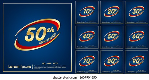 set of 10th-90th anniversary celebration emblem. anniversary elegance golden logo with red ring on blue background, vector illustration template design for celebration greeting and invitation card
