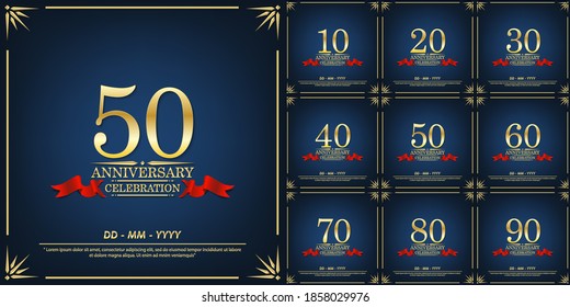 set of 10th-90th anniversary celebration emblem. anniversary elegance golden logo with red ribbon on blue background, template design for web, poster, flyers, greeting card an invitation card