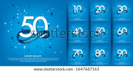 set of 10th-90th anniversary celebration emblem. white anniversary logo with blue circle ribbon. vector illustration template design for web, poster, flyers, greeting card and invitation card