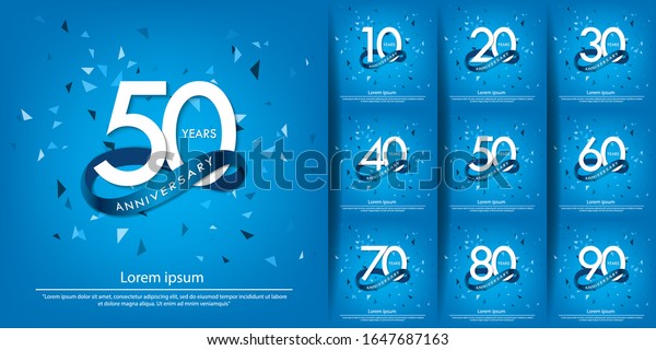 set of 10th-90th anniversary celebration emblem.\
white anniversary logo with blue circle ribbon. vector illustration\
template design for web, poster, flyers, greeting card and\
invitation card