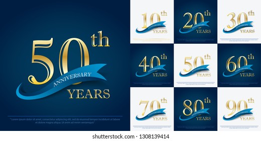 set of 10th-90th elegance golden anniversary celebration emblem with blue ribbon, anniversary logo design for web, game, poster, booklet, leaflet, flyer, magazine, greeting card and invitation card