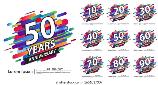 set of 10th-90th years anniversary celebration emblem. white anniversary logo with colorful rounded lines. vector illustration template design for web, flyers, poster, greeting & invitation card - Powered by Shutterstock - Get 15% off with code: PIKWIZARD15