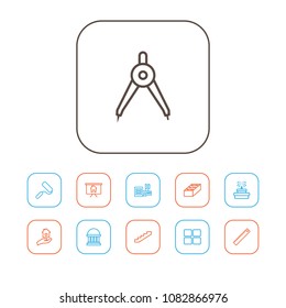 Set of 11 architecture icons line style set. Collection of paint roller, presentation, stairs and other elements.