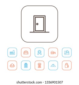 Set of 11 architecture icons line style set. Collection of factory, temple, padlock and other elements.