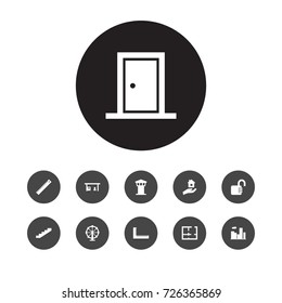 Set Of 11 Architecture Icons Set.Collection Of Blueprint, Petrol, Ruler And Other Elements.