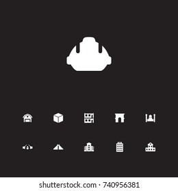 Set Of 11 Architecture Icons Set.Collection Of Farm, Hardhat, Bascule Bridge And Other Elements.