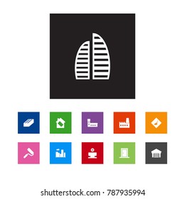 Set Of 11 Architecture Icons Set.Collection Of Temple, Skyscraper, Bedroom And Other Elements.