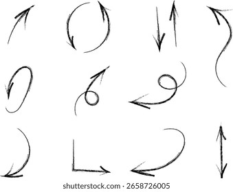 Conjunto de 11 setas desenhadas à mão em estilo expressivo de tinta e pincel, apresentando variações em curvas e direções. Cada seta exibe elementos exclusivos, como loops e curvas nítidas