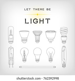 A set of 11 black light bulb icons of various shapes including incandescent, LED and halogen