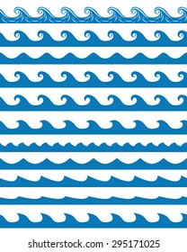 Set of 11 blue seamless waves patterns isolated on white. EPS 10 vector illustration, no transparency