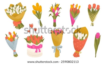 Set of 11 bouquets with tulips in different gift wrapping. Flowers for a holiday, wedding or date. Floristic composition. Gift for a loved one. Vector illustration isolated on white background.