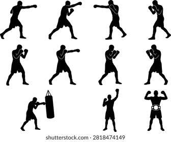 Set of 11 boxing fighter silhouettes, including jabs, hooks, defensive stances, and championship celebration.