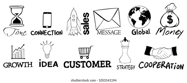 Set of 11 business icons. Infographics. Sand watch, phone, rocket, letter, globe, money bag, graph, bulb, shopping trolleys, chess piece, handshake