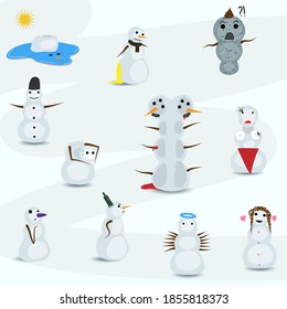 A set of 11 Christmas / New Year winter funny ironic snowmen stickers, icons, different snowman emoji: melted, peed, dirty, happy, headless, hooker, monster, confused, angry, angel, in love 