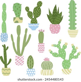 Set of 11 cute cacti in pastel pots