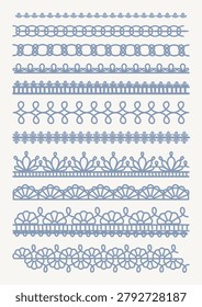 Set of 11 decorative Victorian lace borders with crochet, filigree and ornamental trim designs in dusty blue. Perfect for scrapbooking, wedding stationery, fabric trim and digital design.