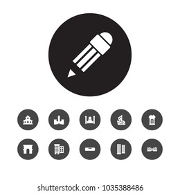 Set of 11 design icons set. Collection of castle, school, pencil and other elements.