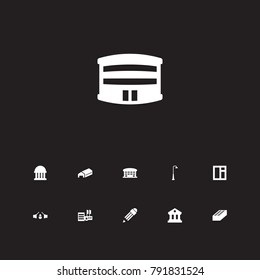Set Of 11 Design Icons Set.Collection Of Stone, Lamppost, Warehouse And Other Elements.
