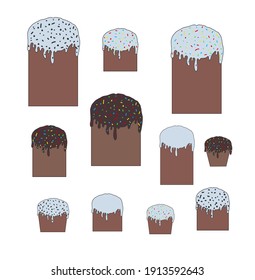 Set of 11 Easter cakes. Stock vector illustration in flat style isolated on white background.