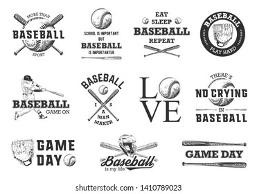 Set of 11 engraved style illustrations for posters, decoration, t-shirt design. Hand drawn baseball sketches with motivational typography isolated on white background. Detailed vintage drawing logo. 