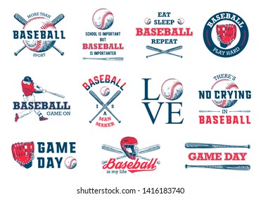 Set of 11 engraved style illustrations for posters, decoration, t-shirt design. Hand drawn baseball sketches with motivational typography isolated on white background. Detailed vintage drawing logo.