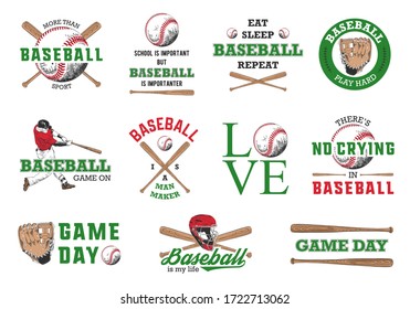 Set of 11 engraved style illustrations for posters, decoration, t-shirt design. Hand drawn baseball sketches with motivational typography isolated on white background. Detailed vintage drawing logo.