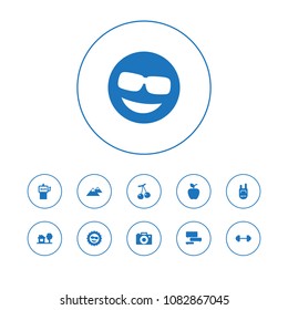 Set of 11 entertainment icons set. Collection of mountain, fitness, smile sun and other elements.