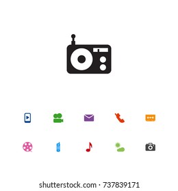 Set Of 11 Entertainment Icons Set.Collection Of Photo Apparatus, Recording, Weather And Other Elements.