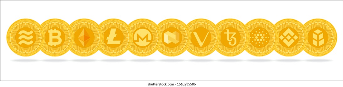 Set of 11 gold cryptocurrency coins with shadow isolated on white background. Vector illustration