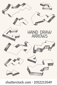 Set of 11 gray vector arrows hand-drawn with strokes on a white background with an inscription