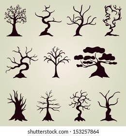 set of 11 hand drawn decorative trees for your design