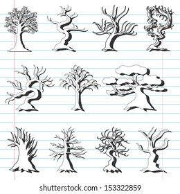 set of 11 hand drawn decorative trees for your design