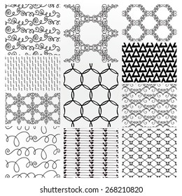 Set of 11 Hand Sketched Decorative Monochrome Seamless Backgrounds. Pattern Swatches with Transparent Background. Vector Illustration.