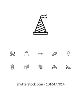 Set of 11 hobby icons line style set. Collection of revolution, merchandise, heeled shoe elements.