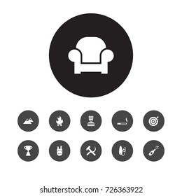 Set Of 11 Hobby Icons Set.Collection Of Dart, Trophy, Backpack And Other Elements.