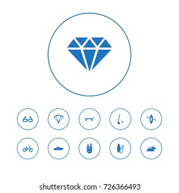 Set Of 11 Hobby Icons Set.Collection Of Peak, Bicycle, Skateboard And Other Elements.