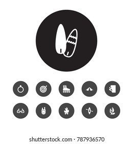 Set Of 11 Hobby Icons Set.Collection Of Canoe, Hiking, Surfer And Other Elements.