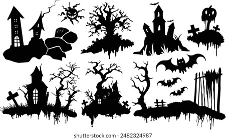 Set of 11 isolated Halloween decorations in silhouette illustration style of bat, haunted house and tree and graveyard on transparent background. Volume 3.