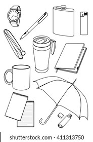 Set of 11 items aways. Vector black outline on white background. Cap, notebook, umbrella, pen, watch