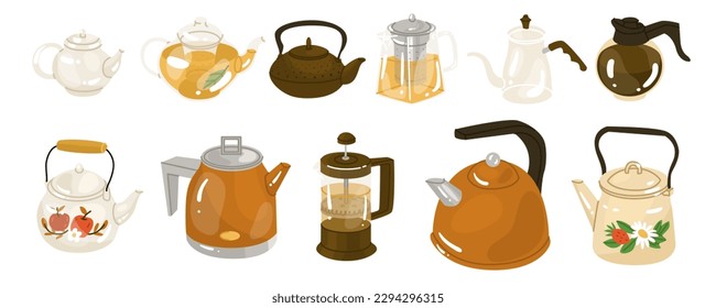Set of 11 kettles, teapots and coffee pots. A device for boiling water and keeping beverages warm. Vector illustration. Isolated object on white background.